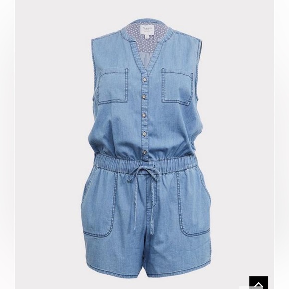 Torrid Drawstring Waist Romper - Medium Wash Chambray Denim Size 1 - Picture 4 of 13